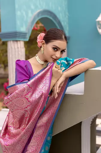 Teal Benarasi Semi Satin Silk Saree,Blouse-not As Per Image 
