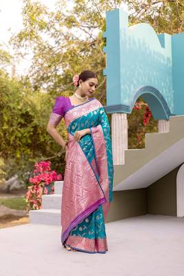 Teal Benarasi Semi Satin Silk Saree,Blouse-not As Per Image  1