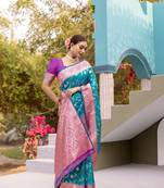Teal Benarasi Semi Satin Silk Saree,Blouse-not As Per Image 