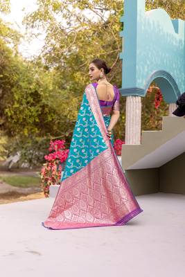 Teal Benarasi Semi Satin Silk Saree,Blouse-not As Per Image  3