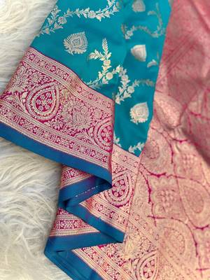 Teal Benarasi Semi Satin Silk Saree,Blouse-not As Per Image  4