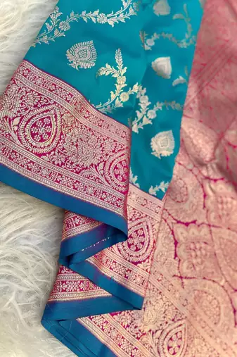 Teal Benarasi Semi Satin Silk Saree,Blouse-not As Per Image 