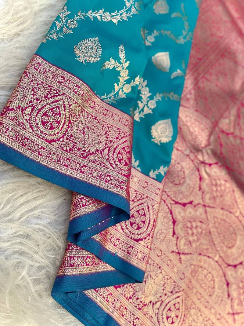 Teal Benarasi Semi Satin Silk Saree,Blouse-not As Per Image 