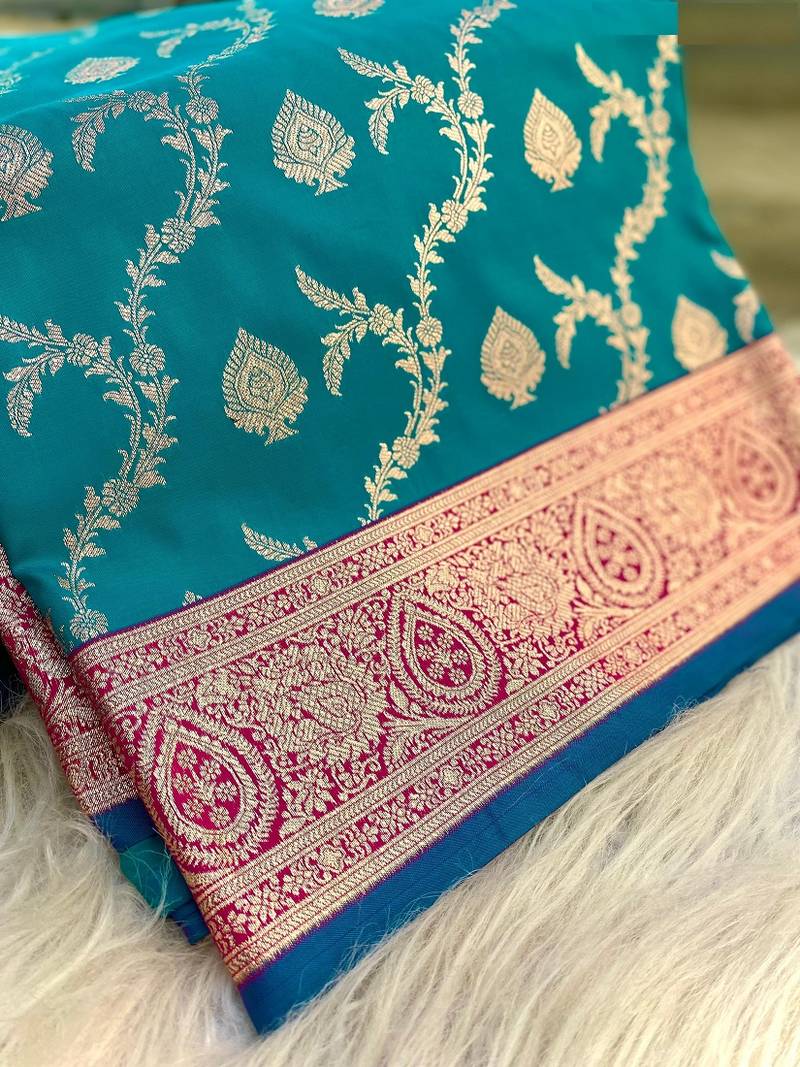 Teal Benarasi Semi Satin Silk Saree,Blouse-not As Per Image 