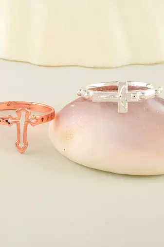 brass silver & rose gold cross finger ring combo
