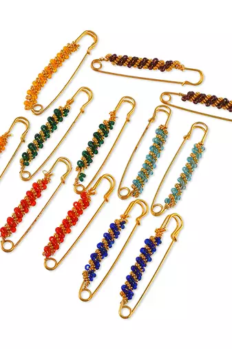 Memoir brass gold and multi colour saree pin combo