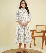 White cotton block printed dress