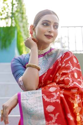 Red Benarasi Semi Satin Silk Saree,Blouse-not As Per Image  2