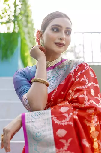Red Benarasi Semi Satin Silk Saree,Blouse-not As Per Image 