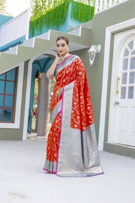 Red Benarasi Semi Satin Silk Saree,Blouse-not As Per Image  1