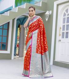 Red Benarasi Semi Satin Silk Saree,Blouse-not As Per Image 