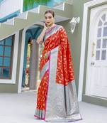 Red Benarasi Semi Satin Silk Saree,Blouse-not As Per Image 
