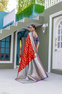 Red Benarasi Semi Satin Silk Saree,Blouse-not As Per Image  3