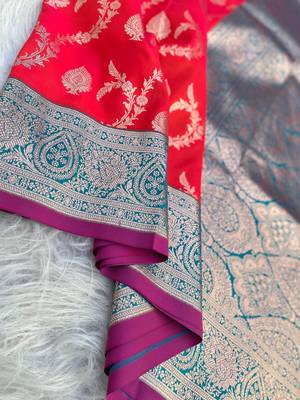 Red Benarasi Semi Satin Silk Saree,Blouse-not As Per Image  4