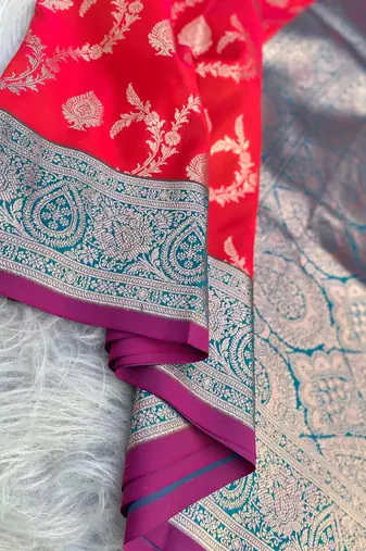 Red Benarasi Semi Satin Silk Saree,Blouse-not As Per Image 
