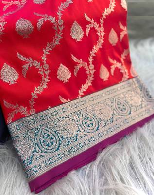 Red Benarasi Semi Satin Silk Saree,Blouse-not As Per Image  5