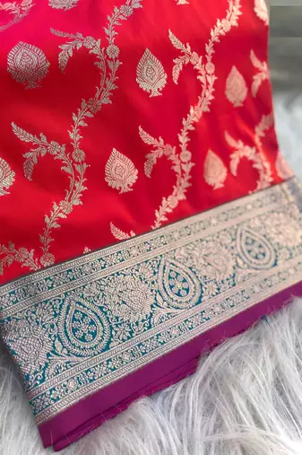 Red Benarasi Semi Satin Silk Saree,Blouse-not As Per Image 