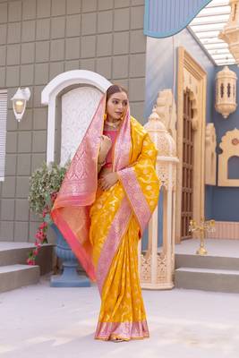 Yellow Benarasi Semi Satin Silk Saree,Blouse-not As Per Image  1