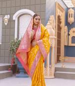 Yellow Benarasi Semi Satin Silk Saree,Blouse-not As Per Image 