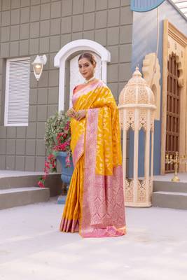 Yellow Benarasi Semi Satin Silk Saree,Blouse-not As Per Image  3