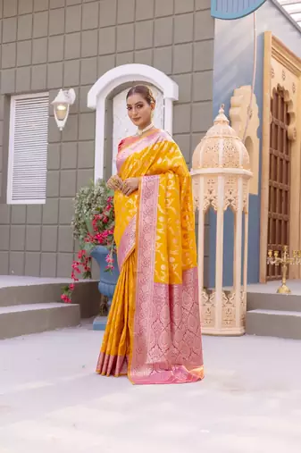 Yellow Benarasi Semi Satin Silk Saree,Blouse-not As Per Image 