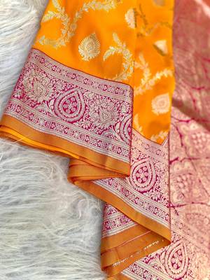 Yellow Benarasi Semi Satin Silk Saree,Blouse-not As Per Image  4