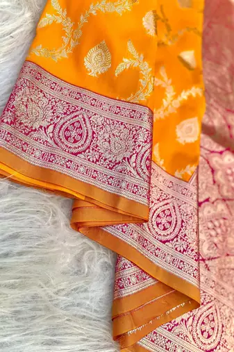 Yellow Benarasi Semi Satin Silk Saree,Blouse-not As Per Image 
