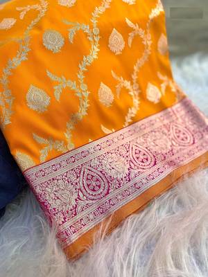 Yellow Benarasi Semi Satin Silk Saree,Blouse-not As Per Image  5