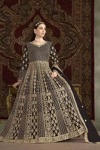 Embroidered net black floor length gown
