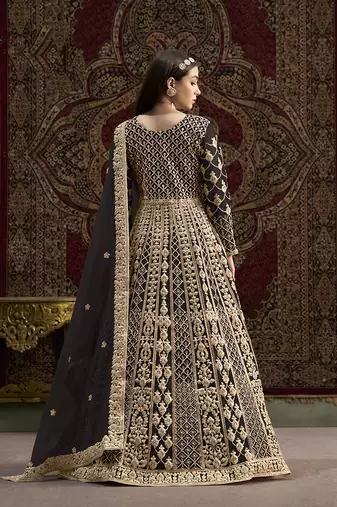 Embroidered net black floor length gown