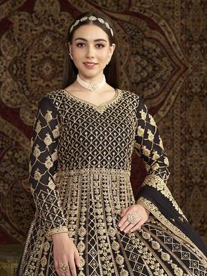 Embroidered net black floor length gown 4