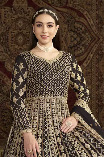 Embroidered net black floor length gown