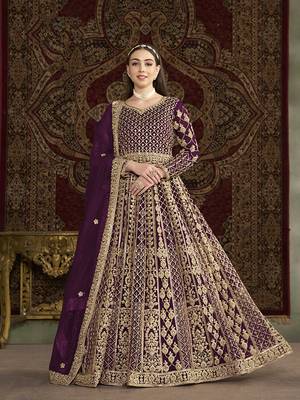 Embroidered net purple floor length gown 1