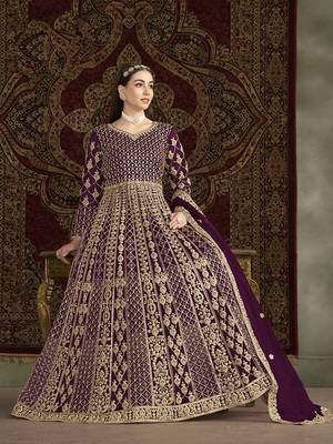 Embroidered net purple floor length gown 2