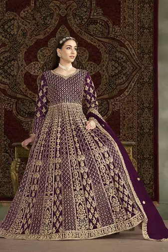 Embroidered net purple floor length gown