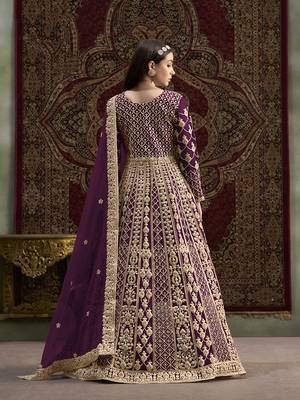 Embroidered net purple floor length gown 3