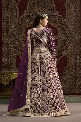 Embroidered net purple floor length gown