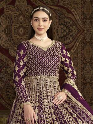 Embroidered net purple floor length gown 4