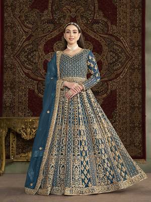 Embroidered net teal floor length gown 1