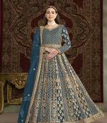 Embroidered net teal floor length gown