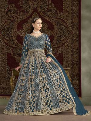 Embroidered net teal floor length gown 2