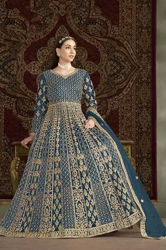 Embroidered net teal floor length gown