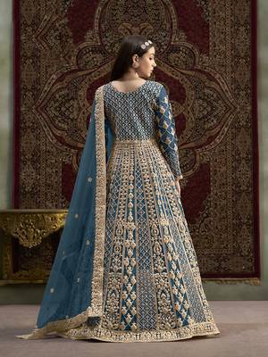 Embroidered net teal floor length gown 3
