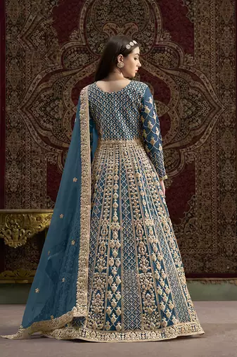 Embroidered net teal floor length gown