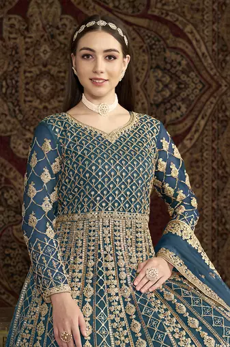 Embroidered net teal floor length gown
