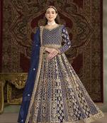 Embroidered net navy blue floor length gown