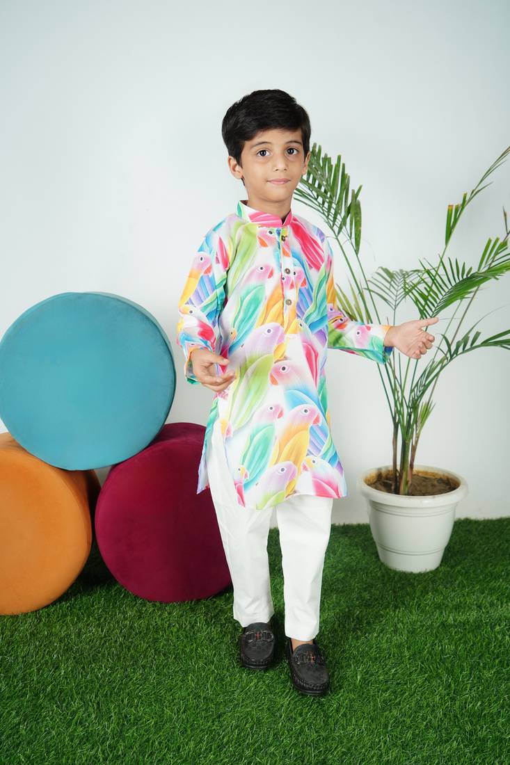 Parrot Printed Kurta Off White Pant 