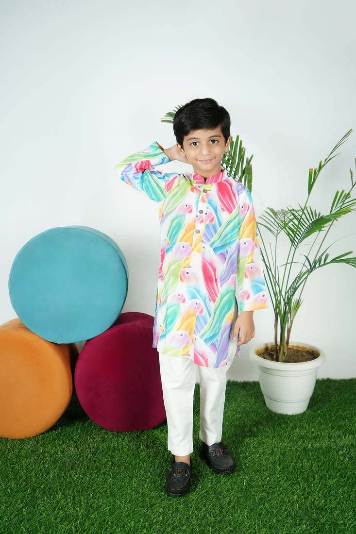 Parrot Printed Kurta Off White Pant 