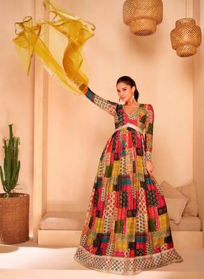Multi embroidered georgette free size stitched palazzo suit 1