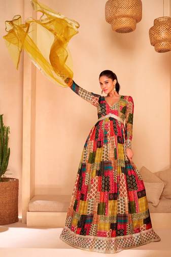 Multi embroidered georgette free size stitched palazzo suit